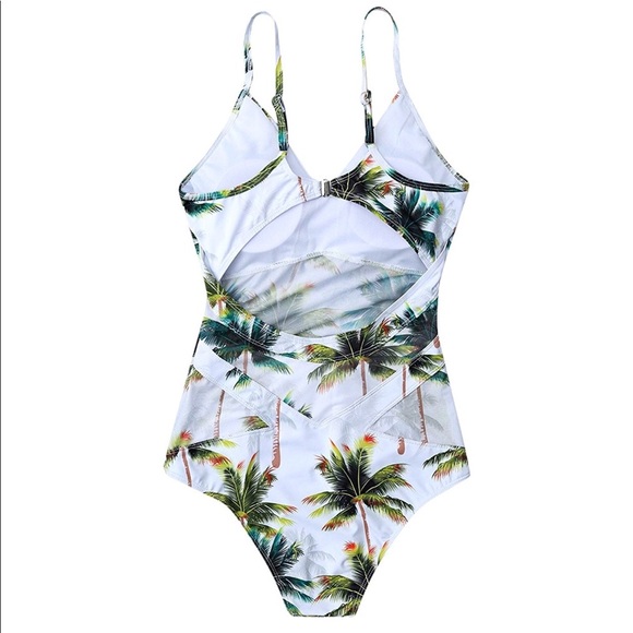 White palm tropical mesh one piece swimsuit - Picture 2 of 4